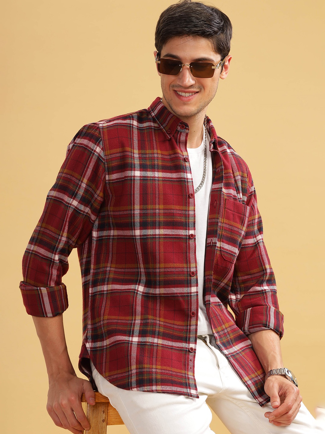 

HERE&NOW Slim Fit Tartan Checks Button-Down Collar Cotton Casual Shirt, Maroon