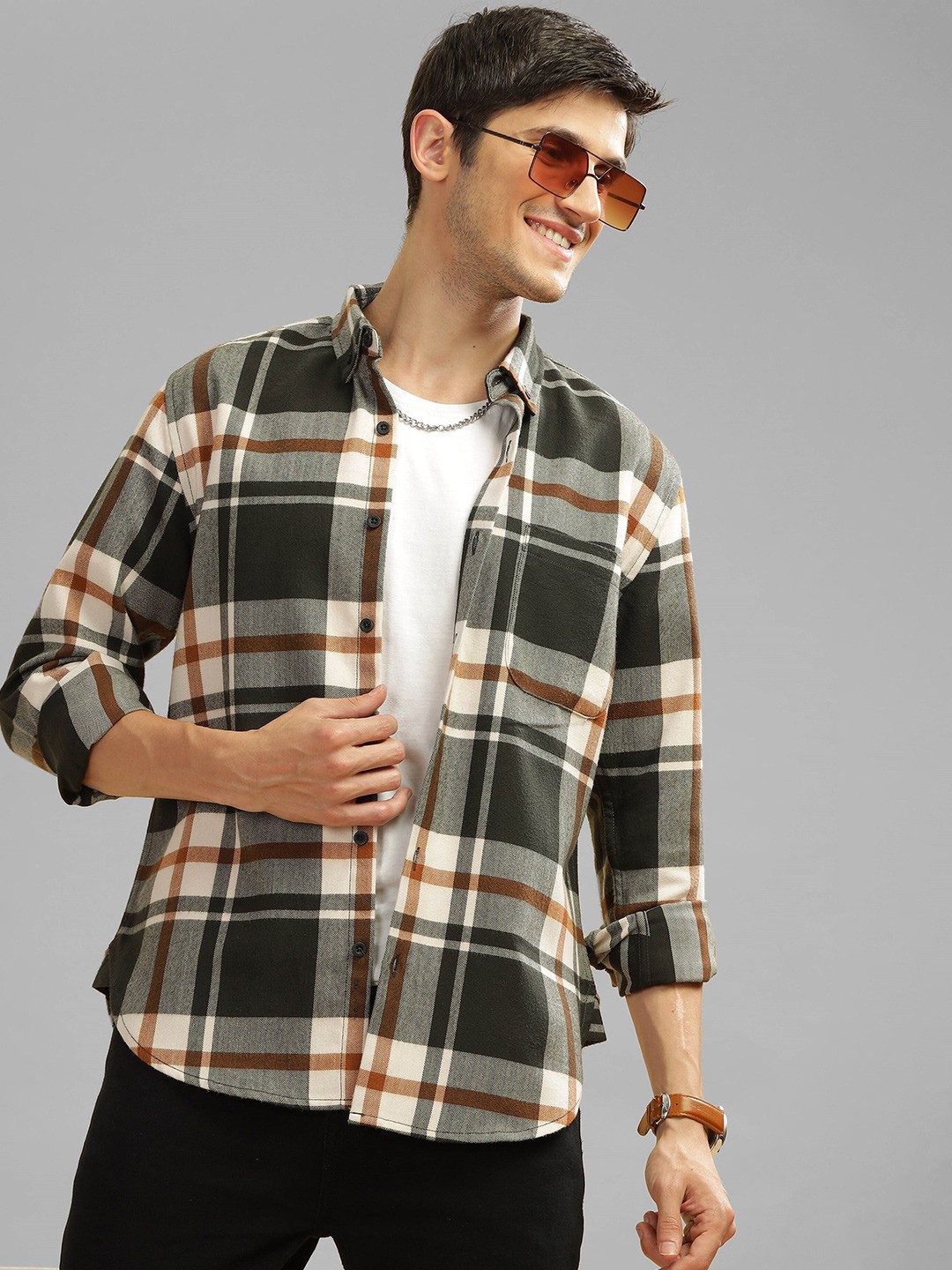 

HERE&NOW Slim Fit Tartan Checks Button-Down Collar Long Sleeves Casual Shirt, Grey