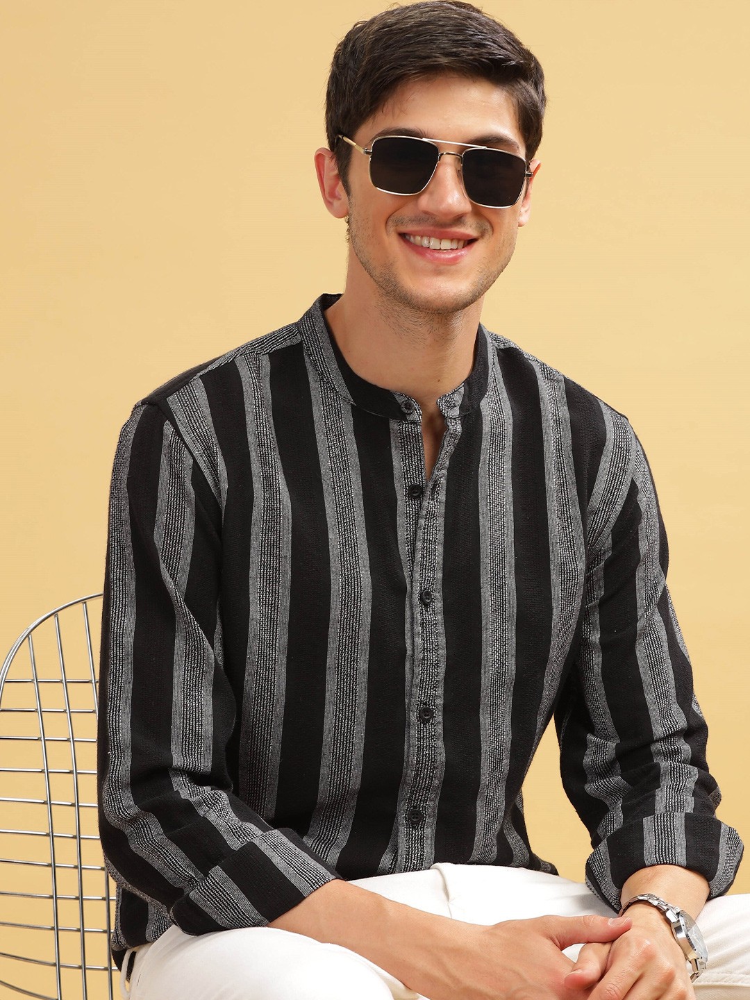 

HERE&NOW Black Striped Cotton Mandarin Collar Slim Fit Curved Casual Shirt