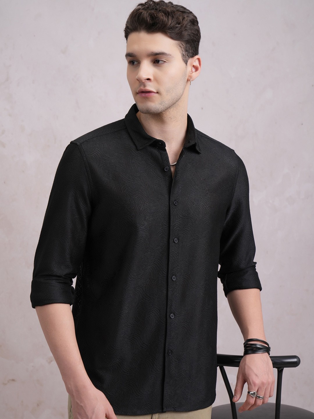 

Highlander Men Textured Crochet Relaxed Shirt, Black