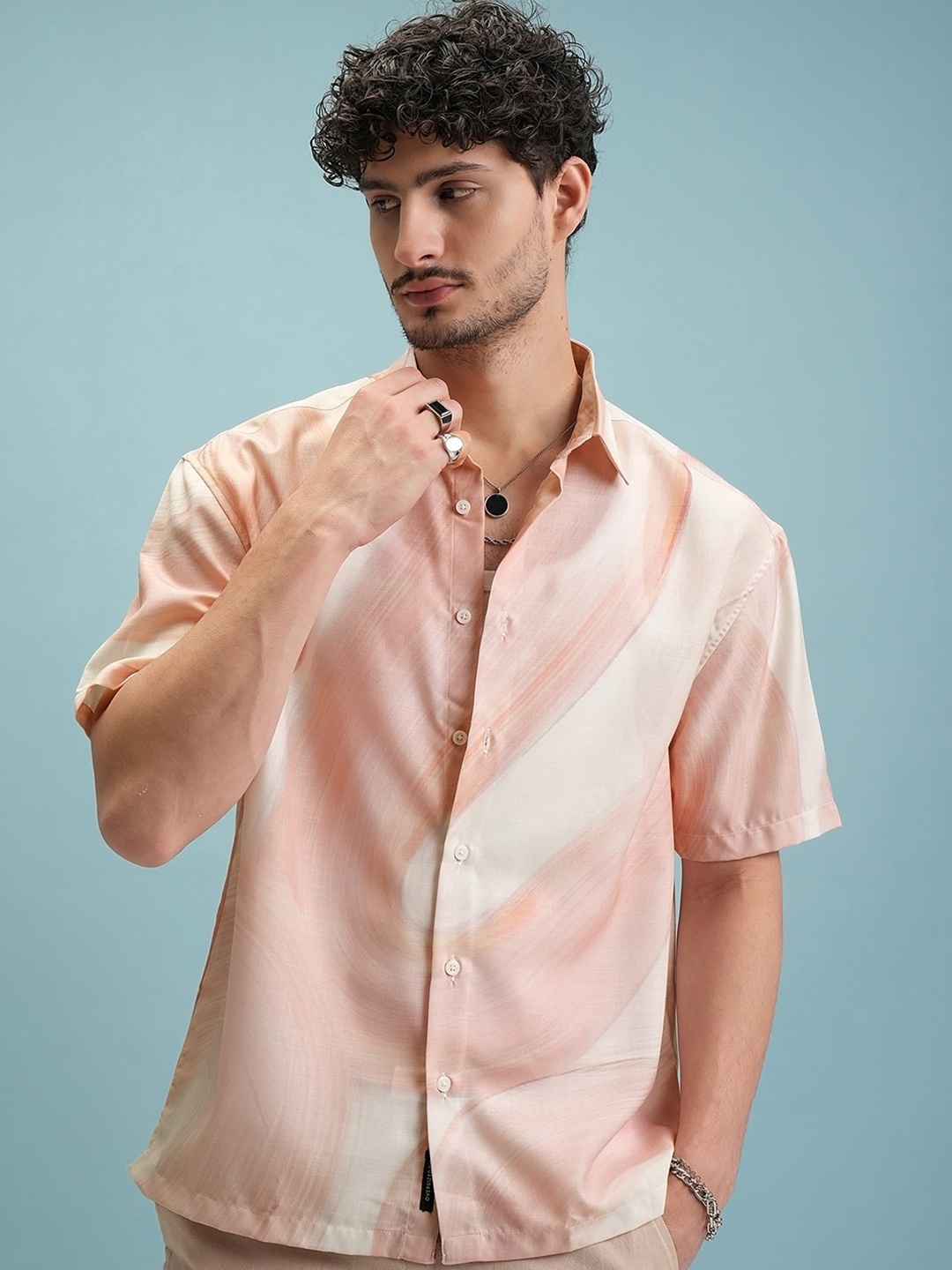 

Highlander Men Digital Printed Oversized Shirt, Peach