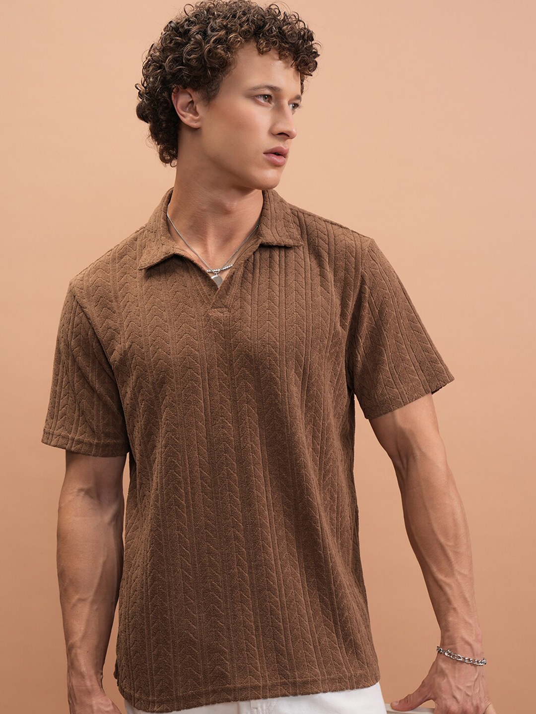 

HIGHLANDER Polo Collar Self Design T-shirt, Brown