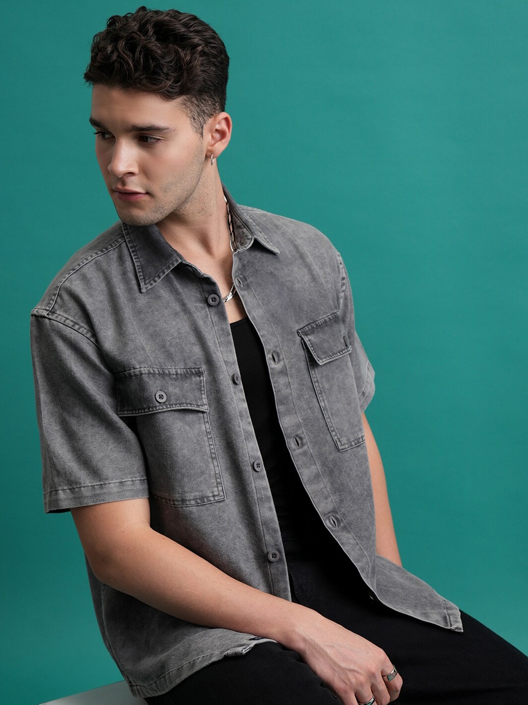 

Highlander Men Denim Oversized Shirt, Grey