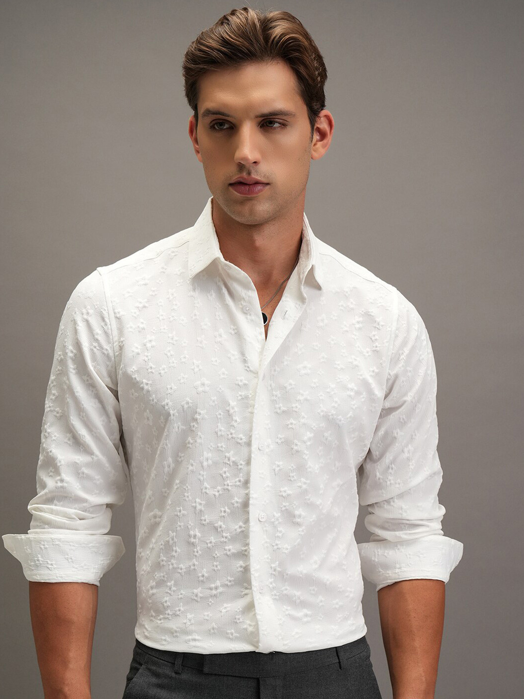 

Highlander Men Popcorn Textured Party Shirt, White