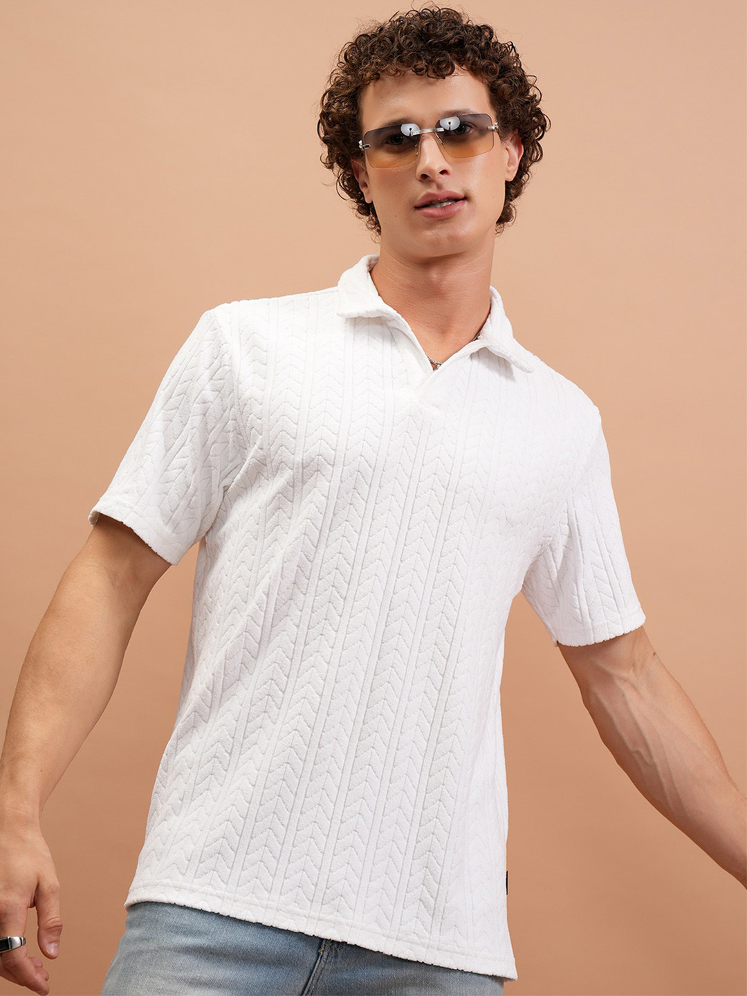 

HIGHLANDER Polo Collar Self Design T-shirt, White