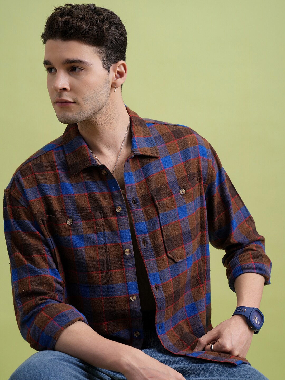 

Highlander Men Oversized Utility Pocket Flannel Overshirt, Brown