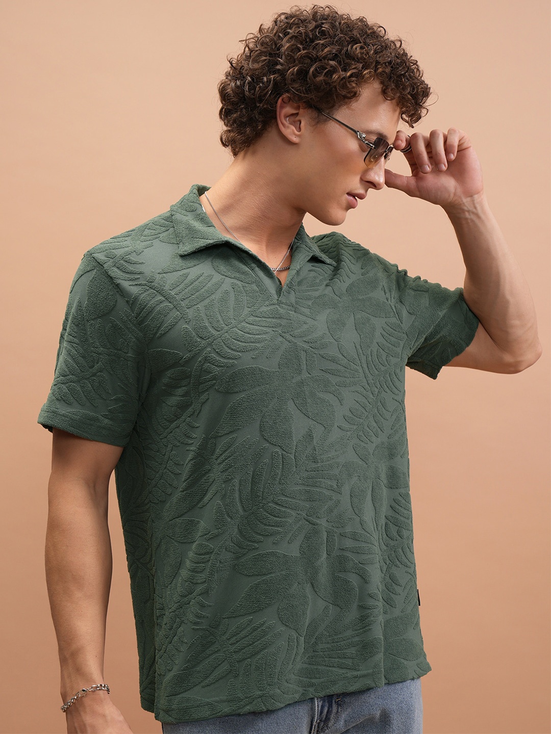 

HIGHLANDER Floral Printed Polo Collar Relaxed Fit T-shirt, Green
