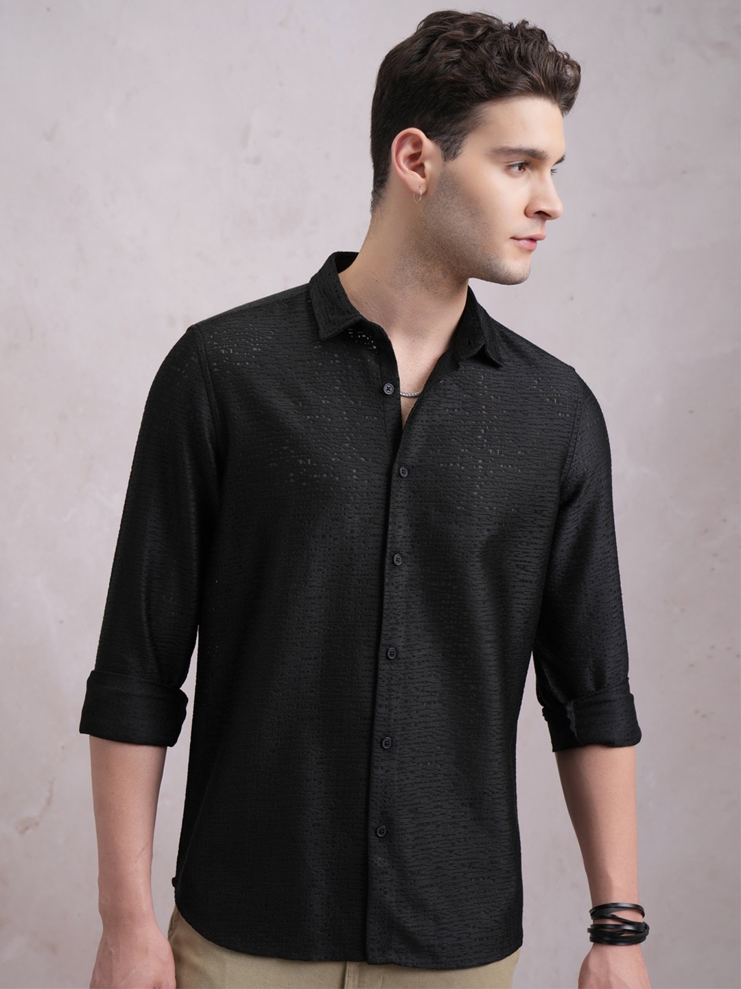 

HIGHLANDER Textured Crochet Relaxed Shirt, Black