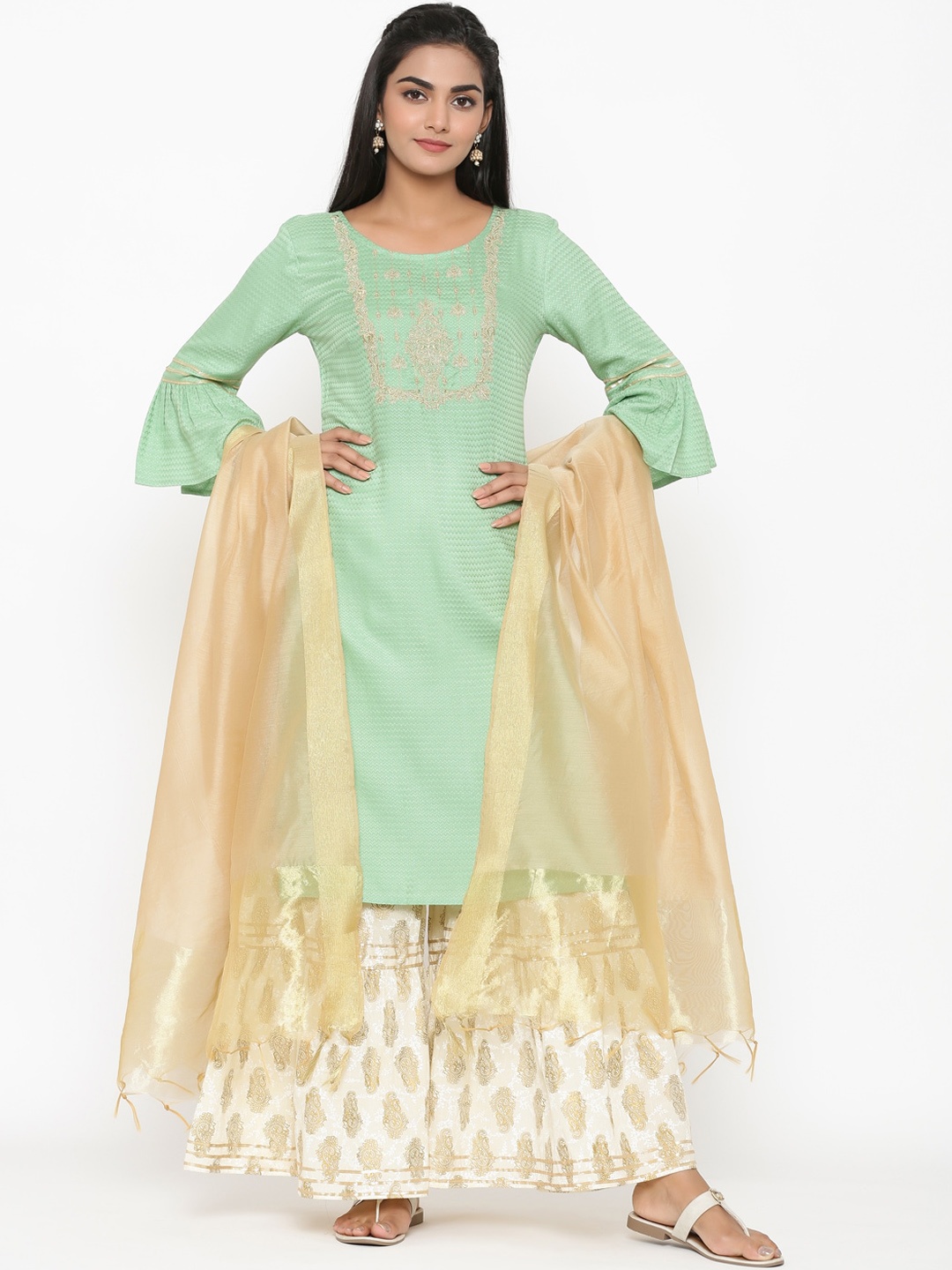 

RANGMAYEE Floral Embroidered Regular Thread Work Straight Kurta With Sharara & Dupatta, Green