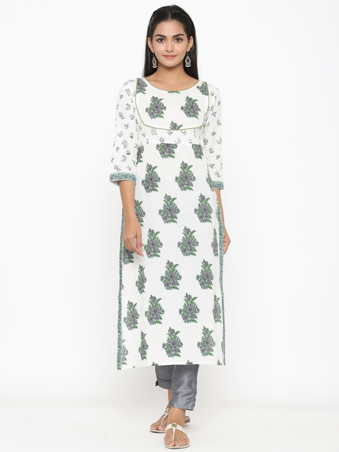 

RANGMAYEE Floral Printed Regular Pure Cotton Kurta With Trouser, White