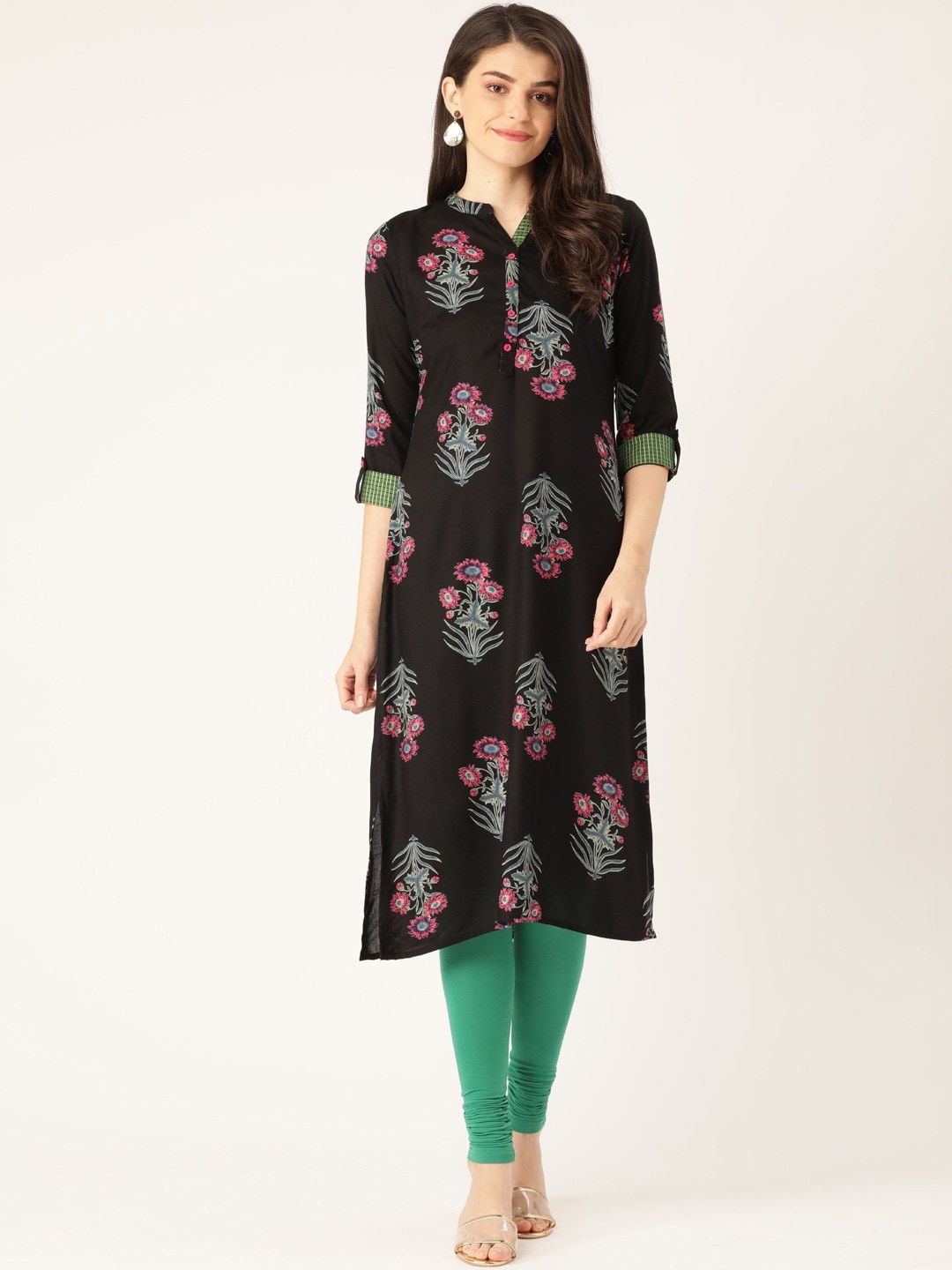 

RANGMAYEE Floral Printed Roll-Up Sleeves Straight Kurta With Churidar, Black