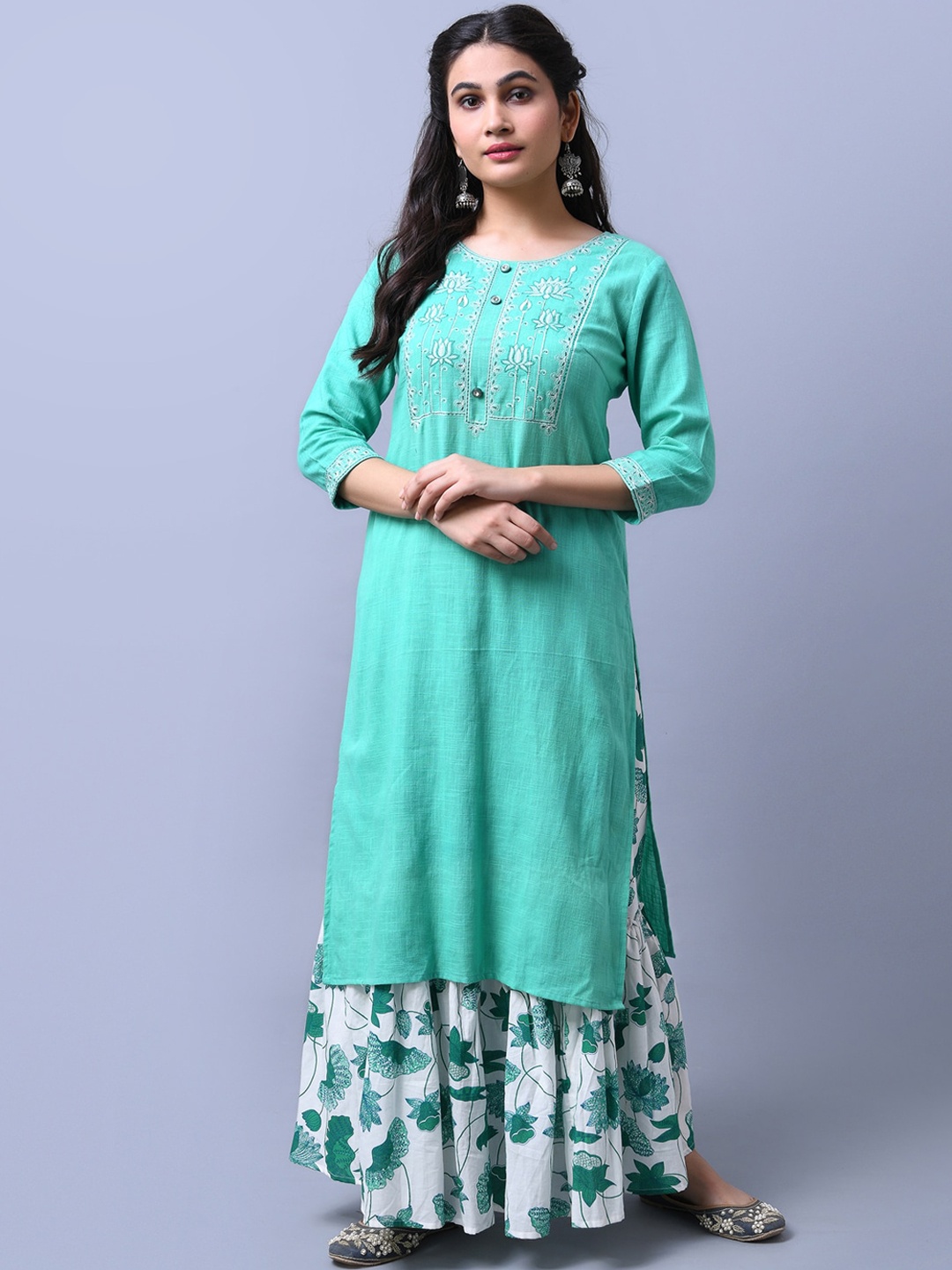 

RANGMAYEE Floral Embroidered Regular Thread Work Pure Cotton Straight Kurta With Skirt, Green