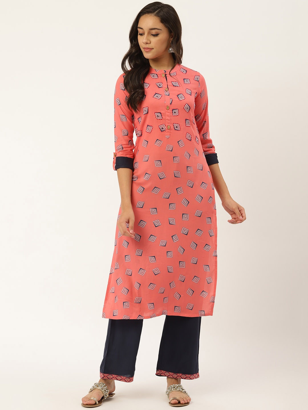 

RANGMAYEE Mandarin Collar Printed Mirror Work Regular Kurta with Trousers, Pink
