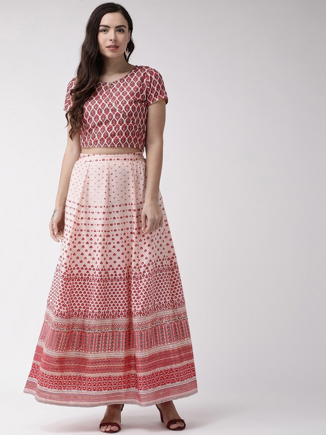 

RANGMAYEE Ethnic Motifs Printed Crop Top With Skirt, Pink