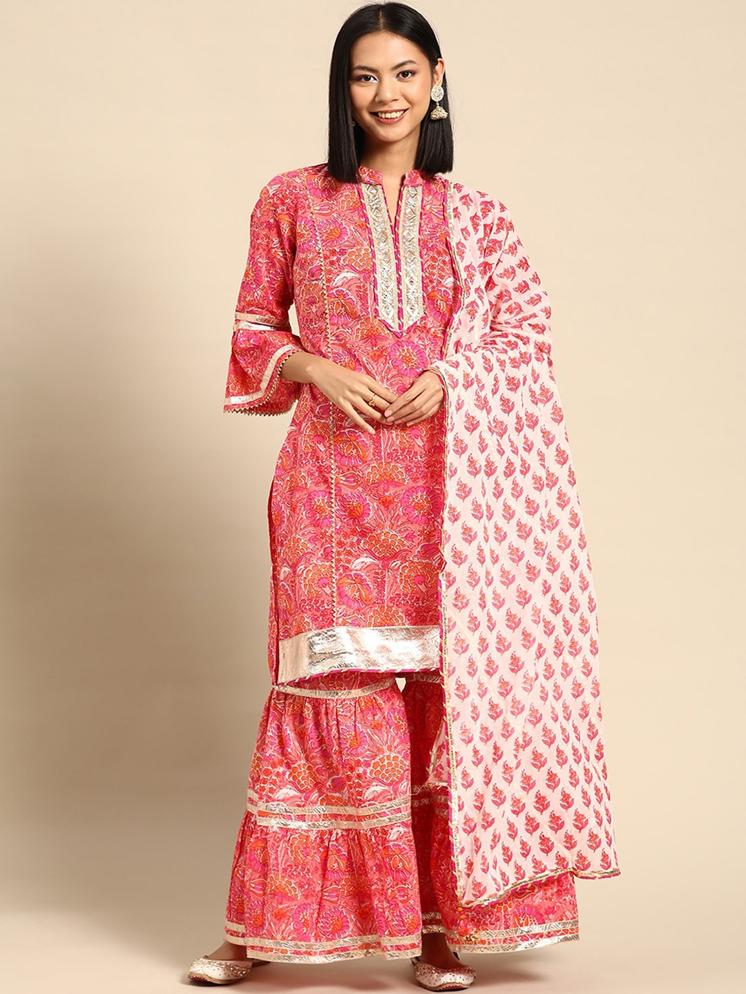 

RANGMAYEE Floral Printed Regular Gotta Patti Pure Cotton Kurta with Sharara & Dupatta, Pink