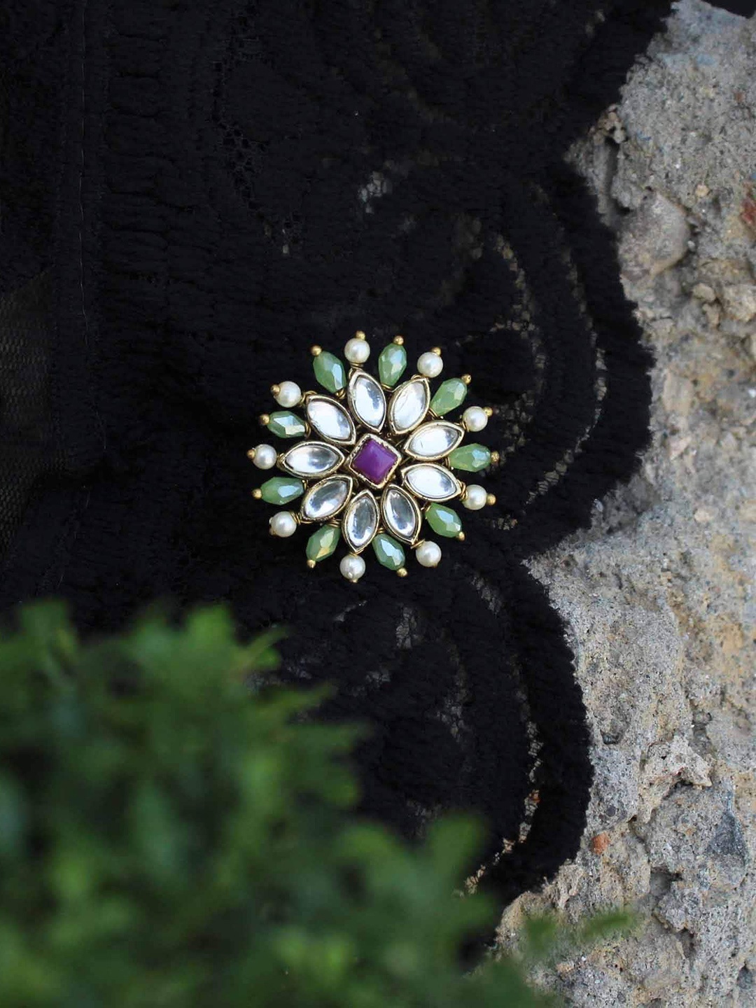 

BeAbhika Gold Plated Stones Studded & Beaded Finger Ring