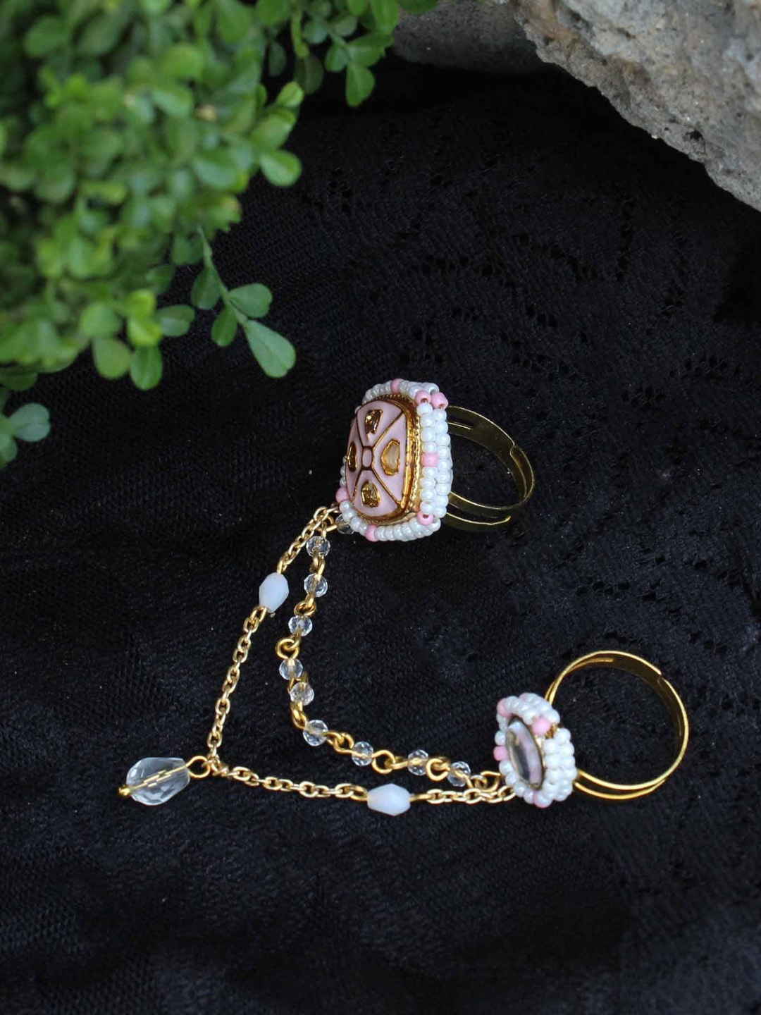 

BeAbhika Gold Plated Stones Studded & Beaded Double-Finger Rings