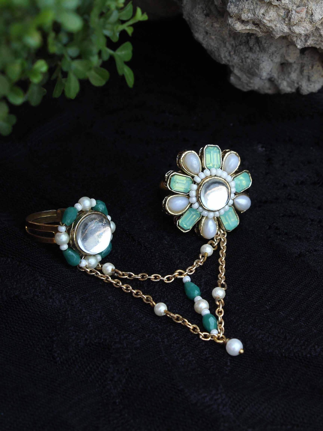 

BeAbhika Gold Plated Stones Studded & Beaded Double-Finger Rings