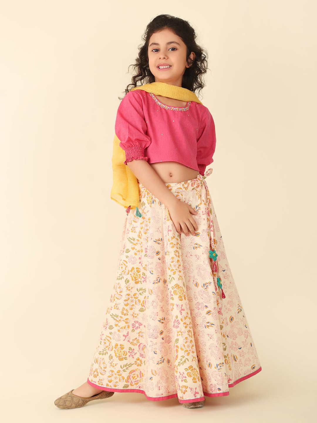 

Fabindia Girls Printed Thread Work Cotton Ready to Wear Lehenga & Blouse With Dupatta, Pink