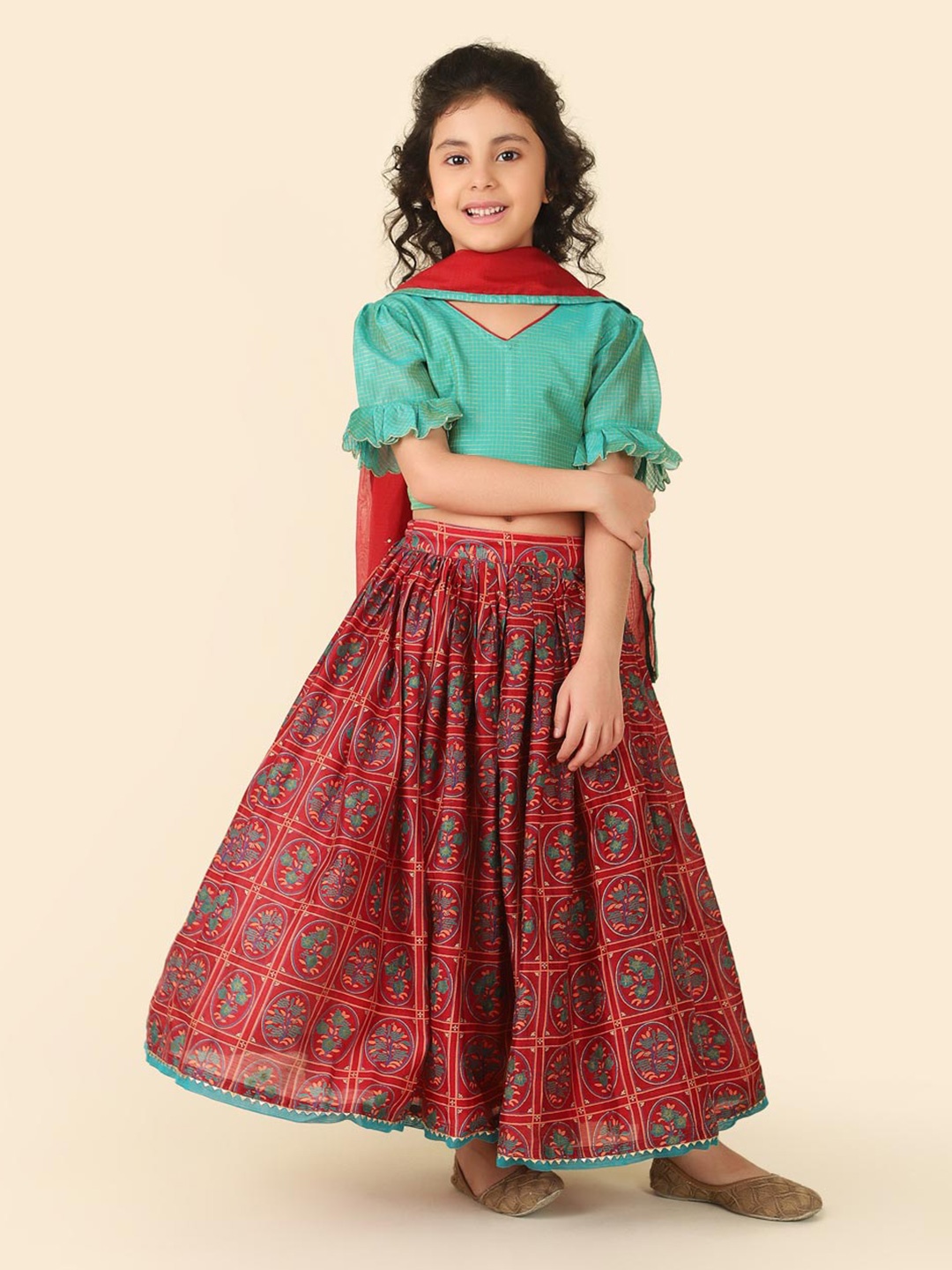 

Fabindia Girls Printed Cotton Silk Ready to Wear Lehenga & Blouse With Dupatta, Red