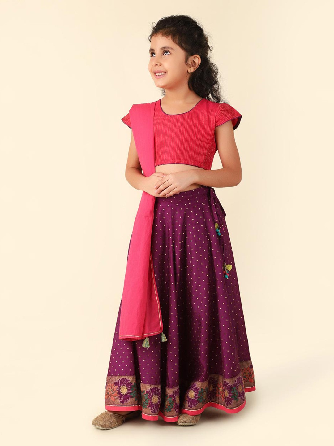 

Fabindia Girls Printed Foil Print Ready to Wear Lehenga & Blouse With Dupatta, Purple
