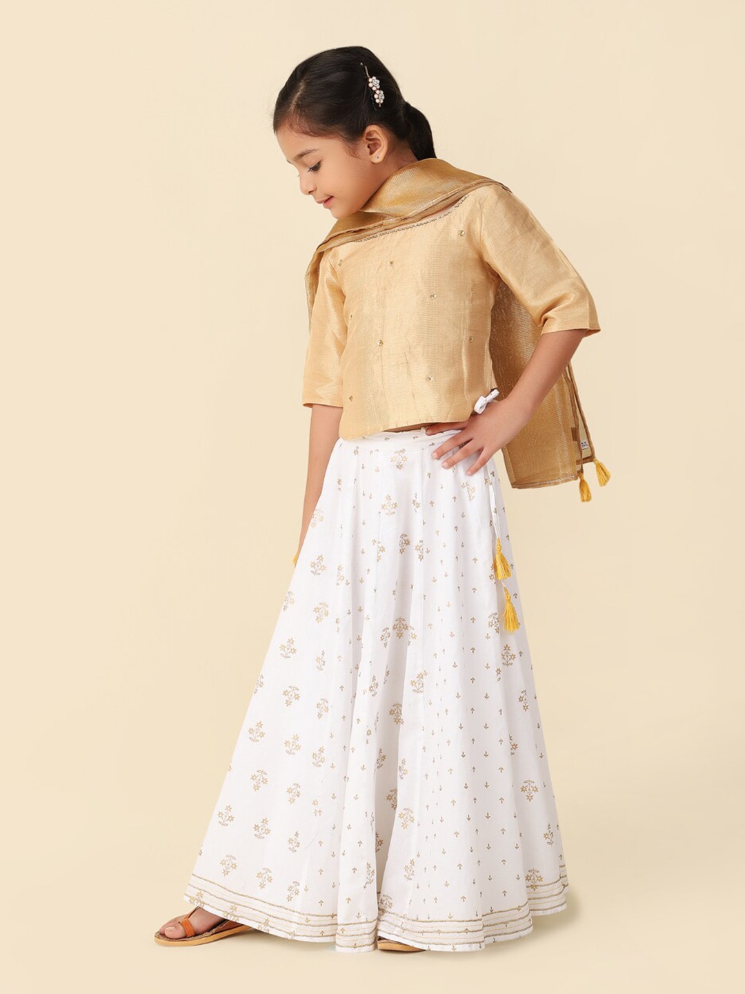 

Fabindia Girls Embroidered Ready to Wear Cotton Lehenga & Blouse With Dupatta, White