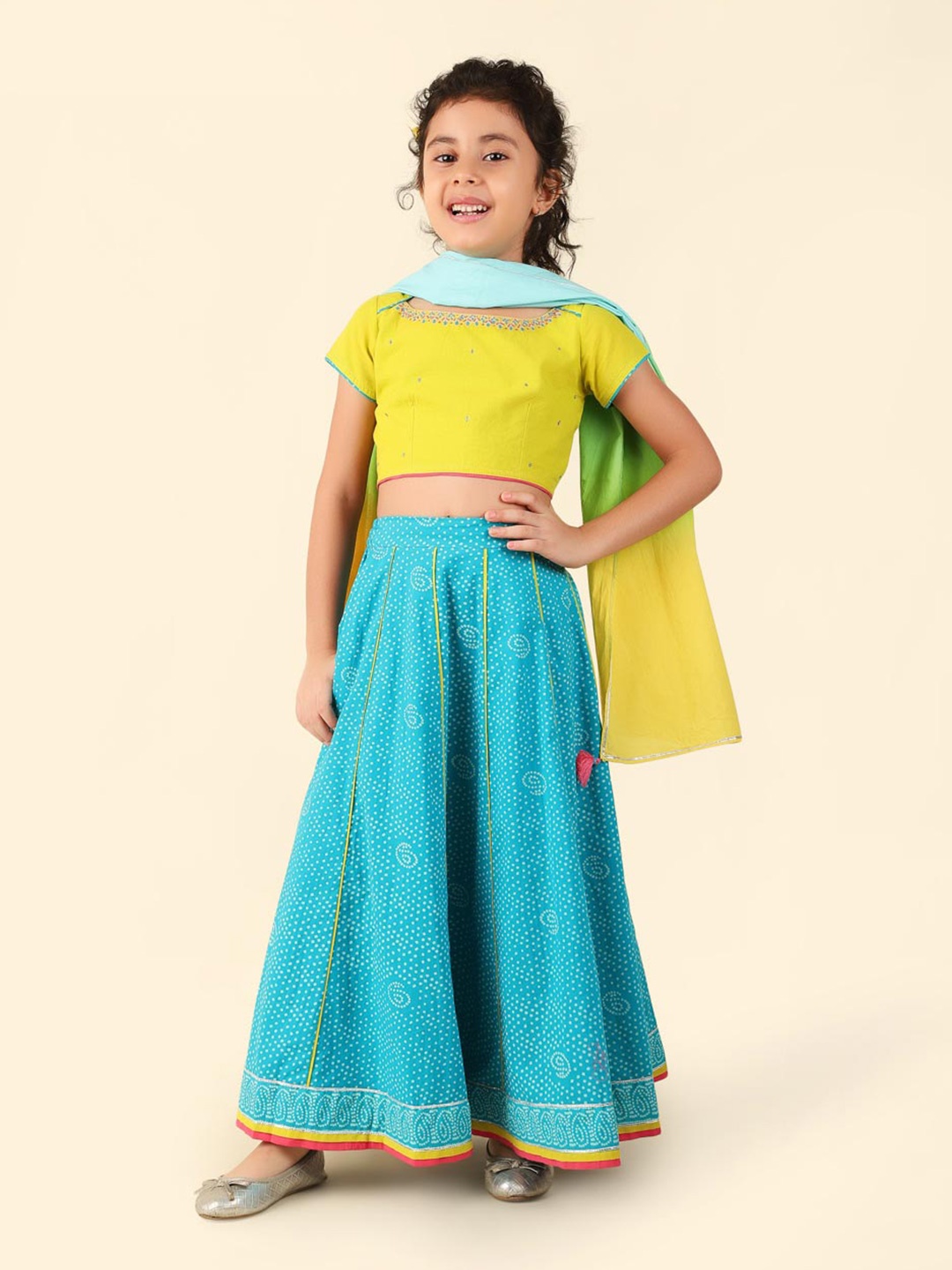 

Fabindia Girls Printed Sequinned Ready to Wear Cotton Lehenga & Blouse With Dupatta, Blue