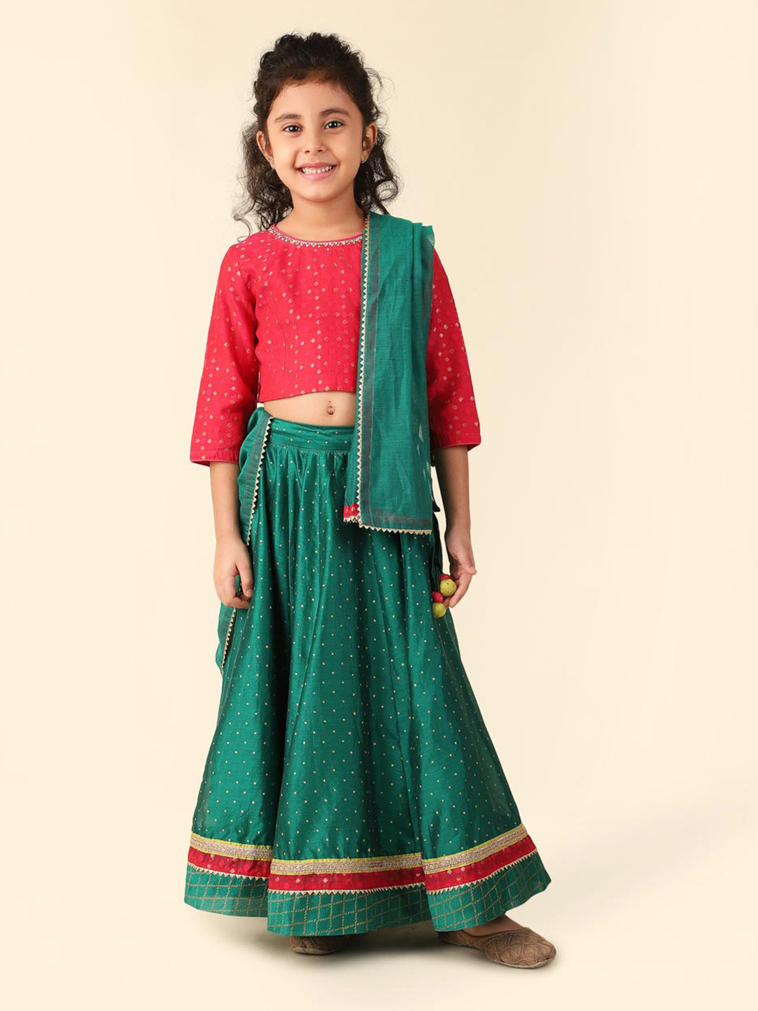 

Fabindia Girls Printed Round Neck Cotton Silk Ready to Wear Lehenga & Blouse With Dupatta, Green