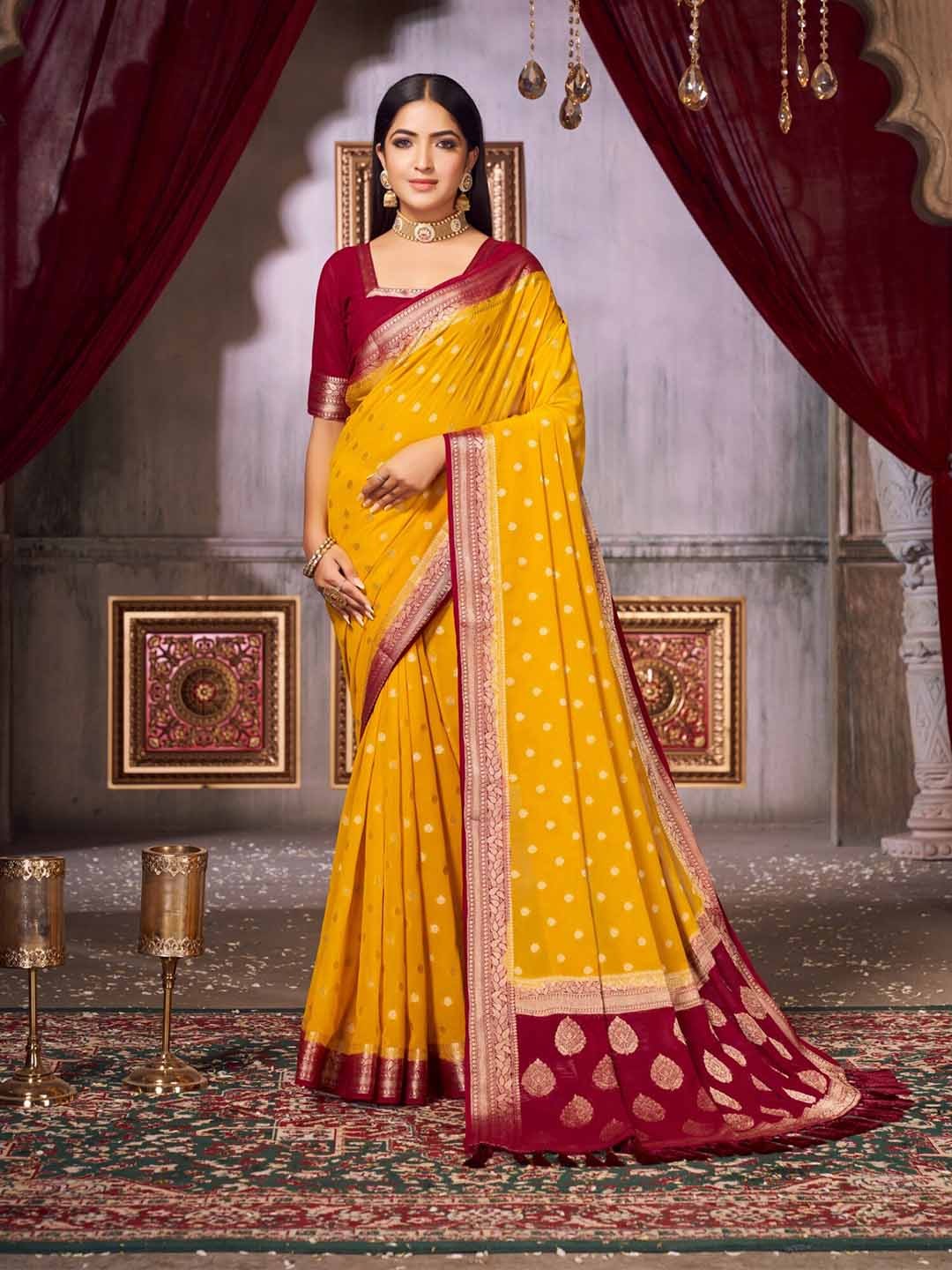

FLOURIOUS Ethnic Motifs Woven Design Zari Pure Georgette Banarasi Saree, Mustard