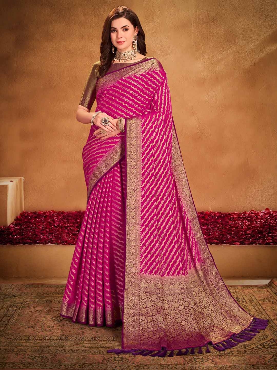 

FLOURIOUS Woven Design Zari Pure Georgette Leheriya Saree, Pink
