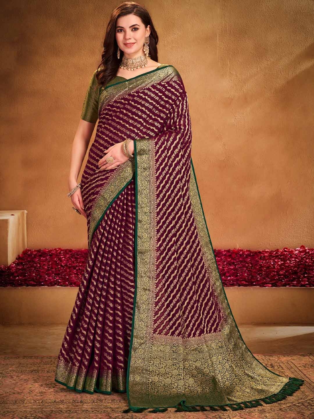 

FLOURIOUS Woven Design Zari Pure Georgette Leheriya Saree, Burgundy