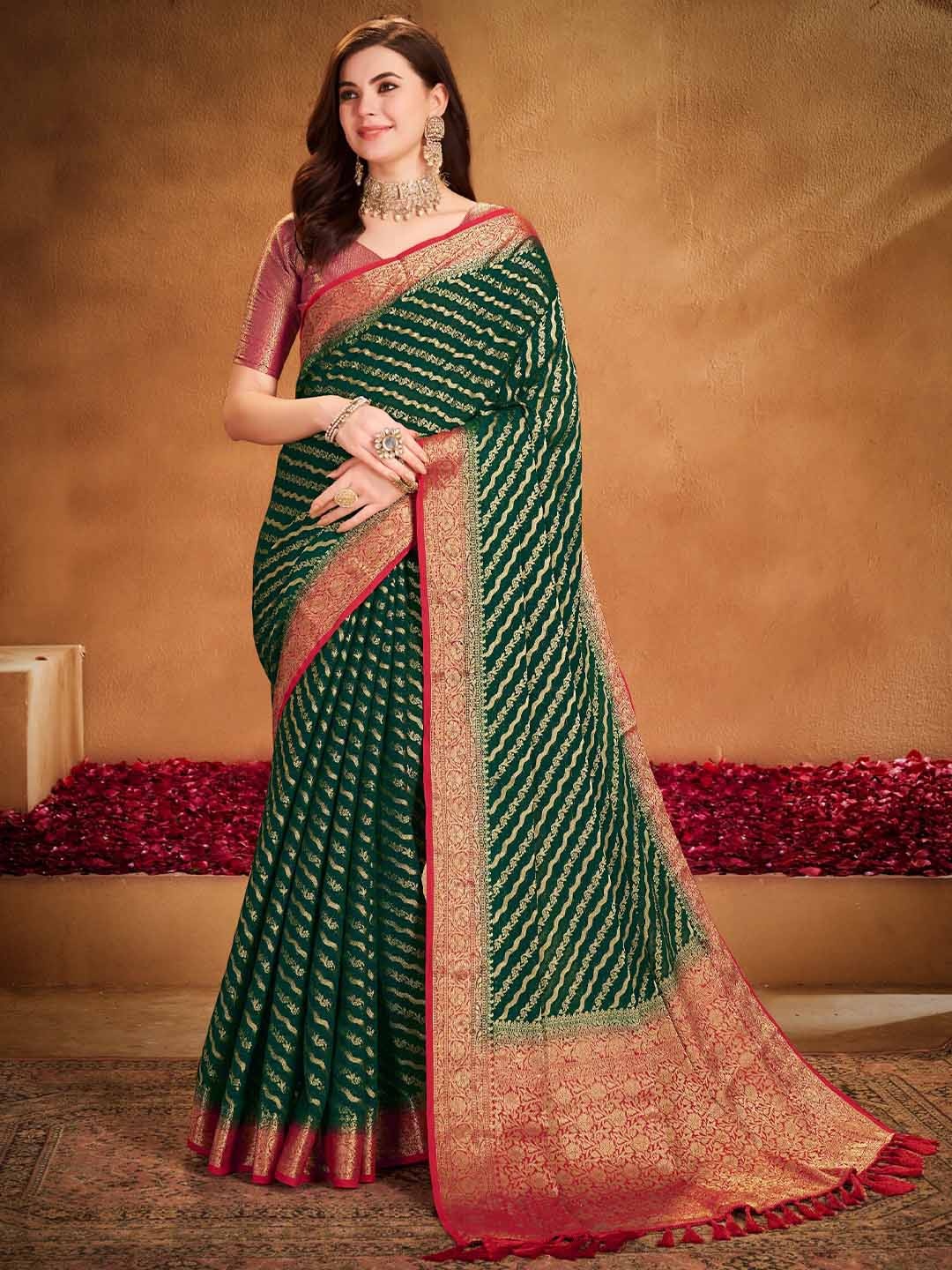 

FLOURIOUS Woven Design Pure Georgette Leheriya Saree, Green