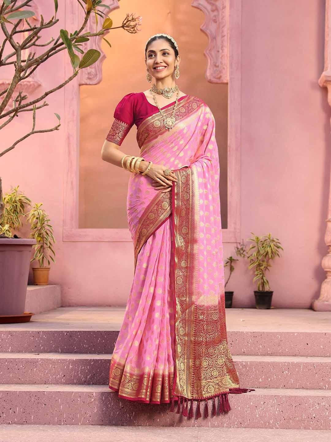 

FLOURIOUS Ethnic Motifs Woven Design Zari Pure Georgette Banarasi Saree, Pink