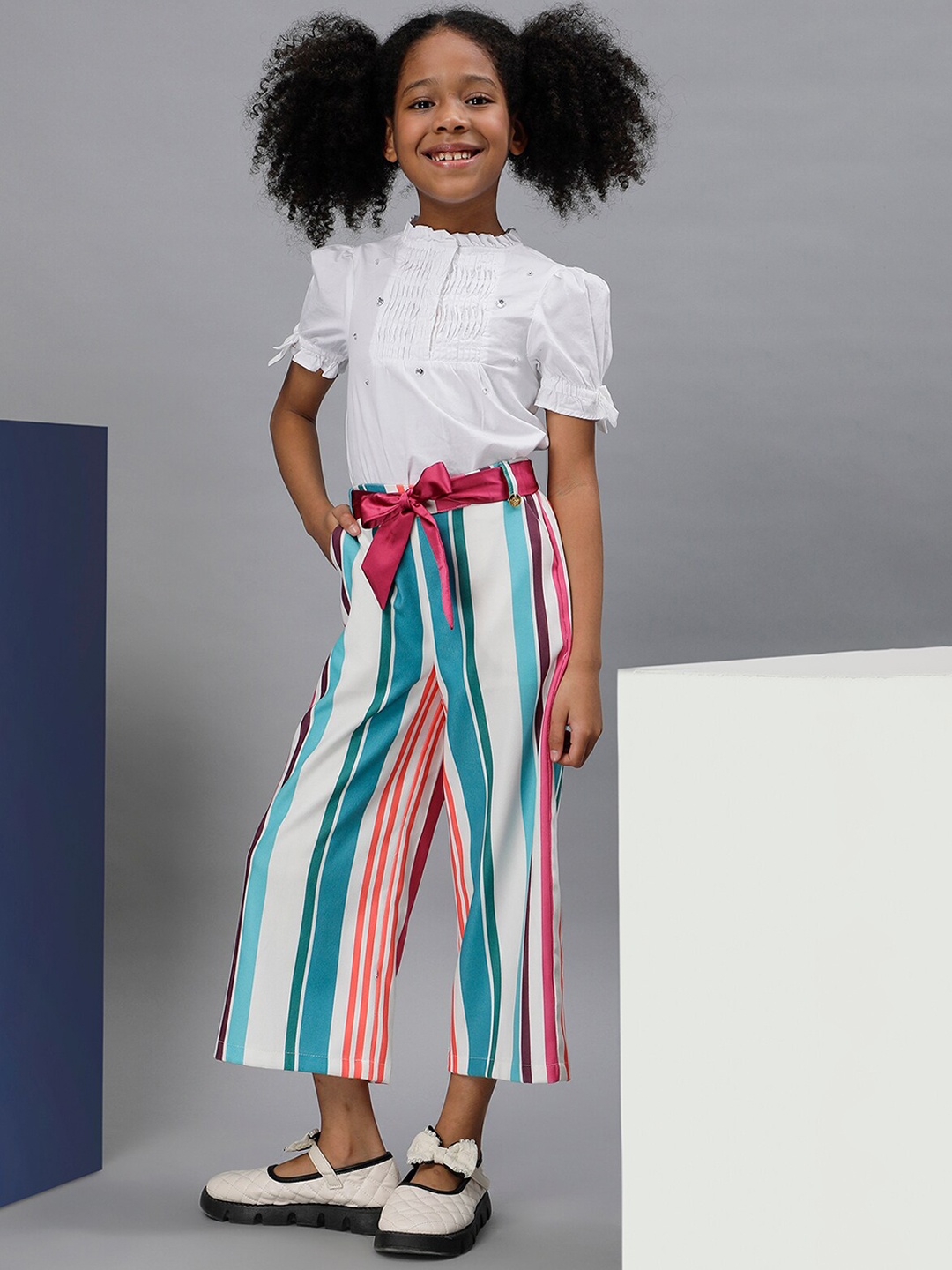 One Friday Girls Striped Cropped Flared Palazzos, White