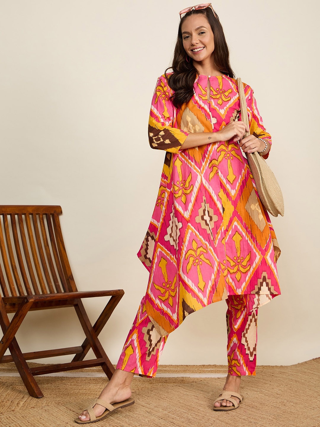 

WineRed Abstract Printed Pure Cotton Tunic & Trouser Co-Ord, Pink