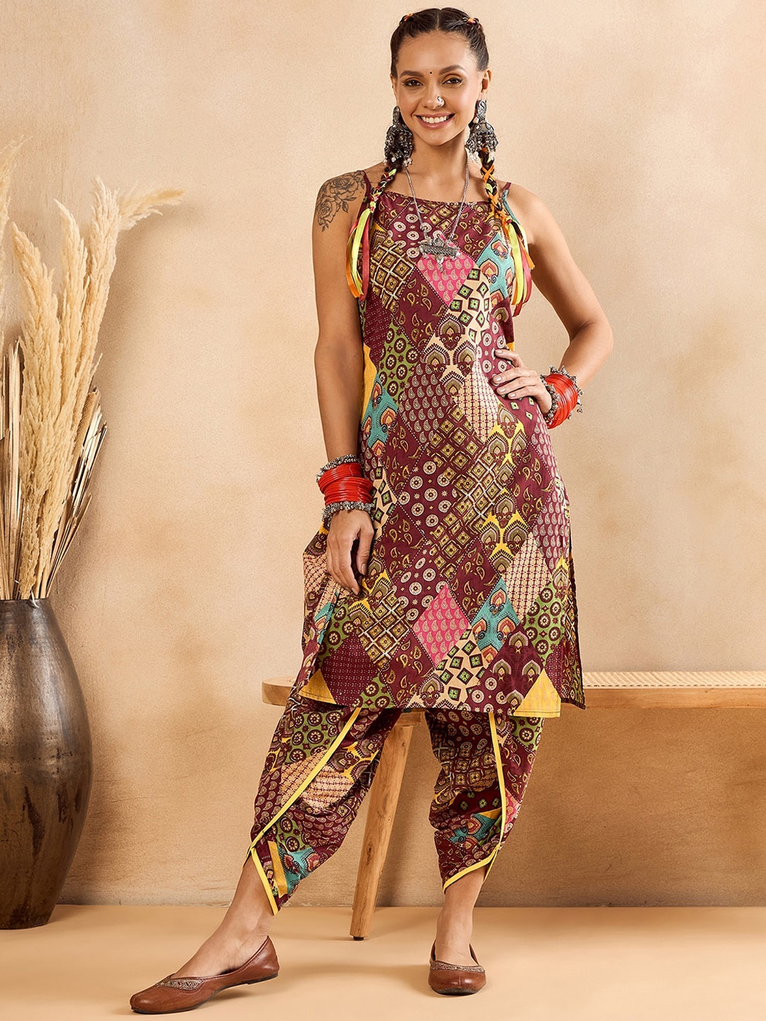 

WineRed Ethnic Motifs Printed Shoulder Straps Pure Cotton Straight Kurta With Dhoti Pant, Maroon