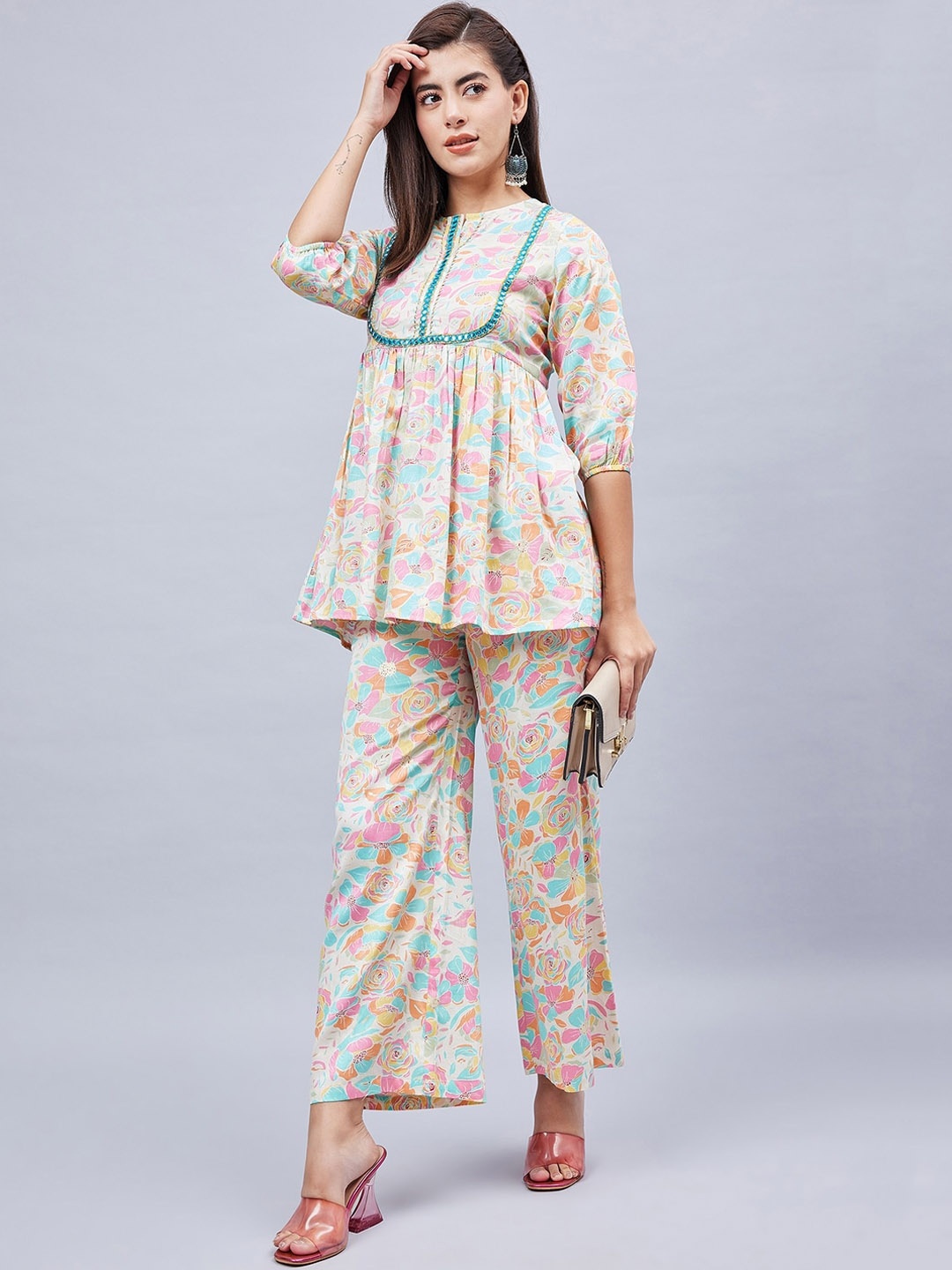 

WineRed Floral Printed Mirror Work Pure Cotton Tunic With Trousers, Off white