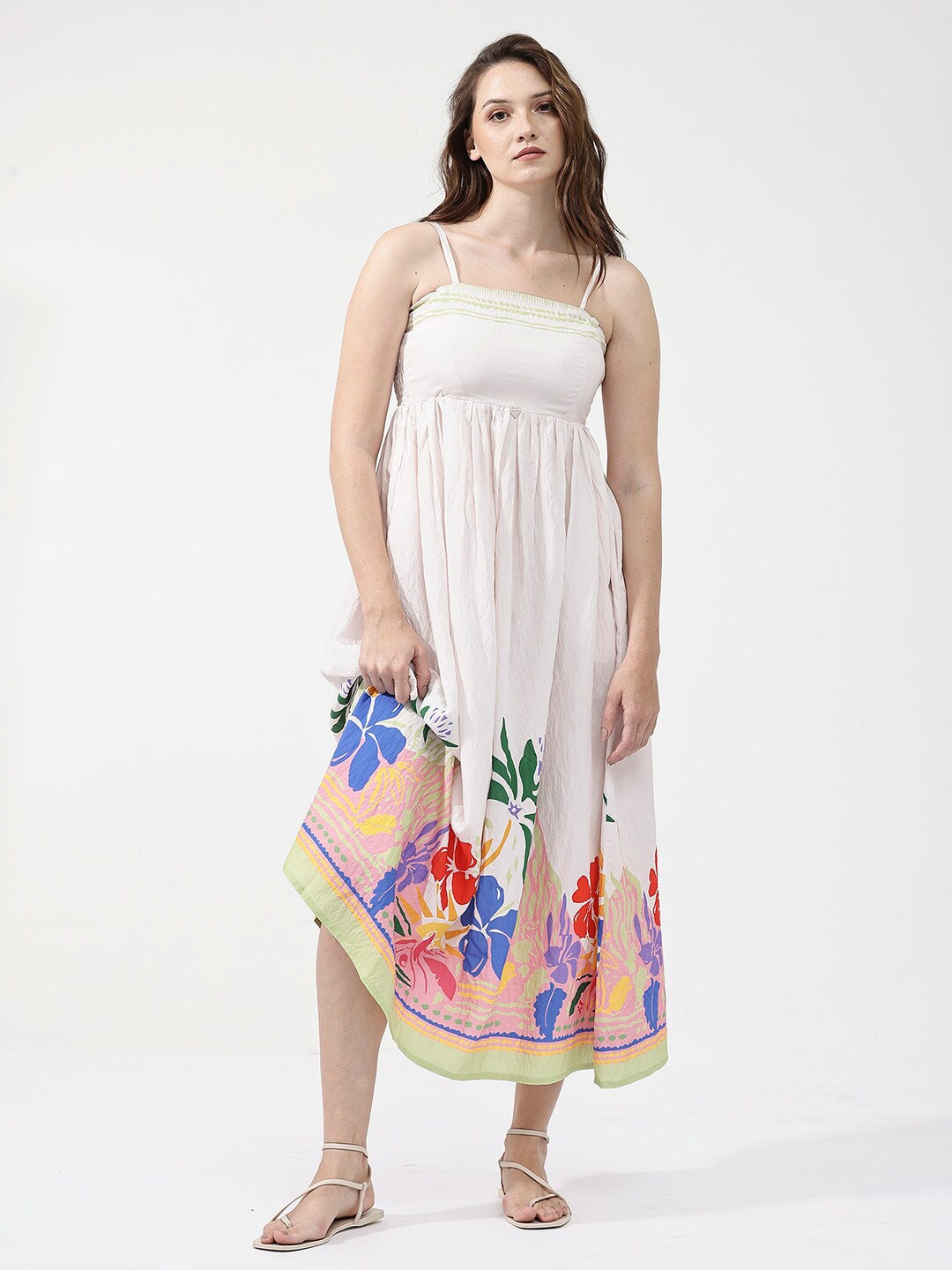 

RAREISM Floral Printed Flared Shoulder Straps Empire Maxi Dress, White