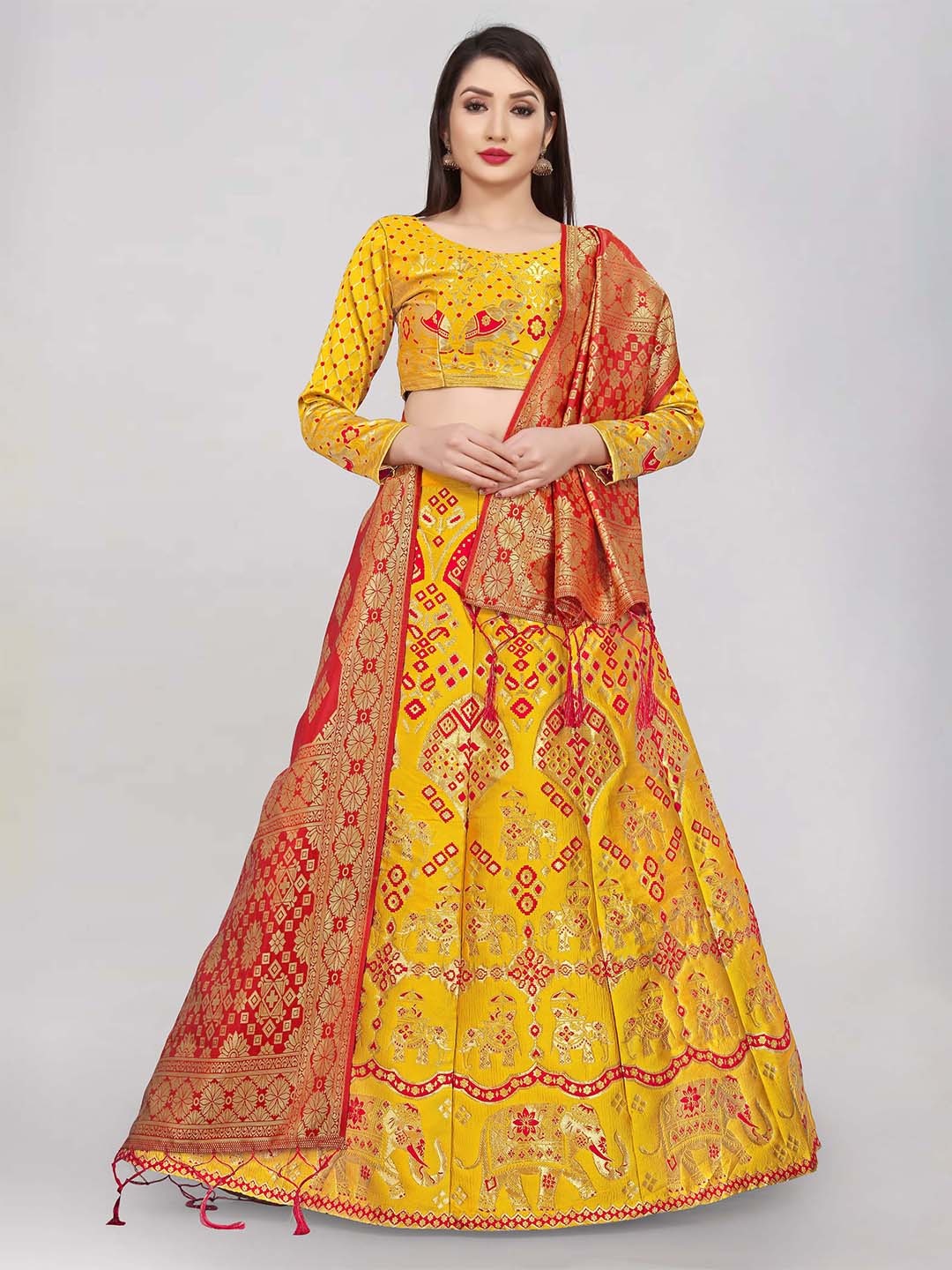 

Mitera Semi-Stitched Woven Design Jacquard Lehenga & Unstitched Blouse With Dupatta, Yellow