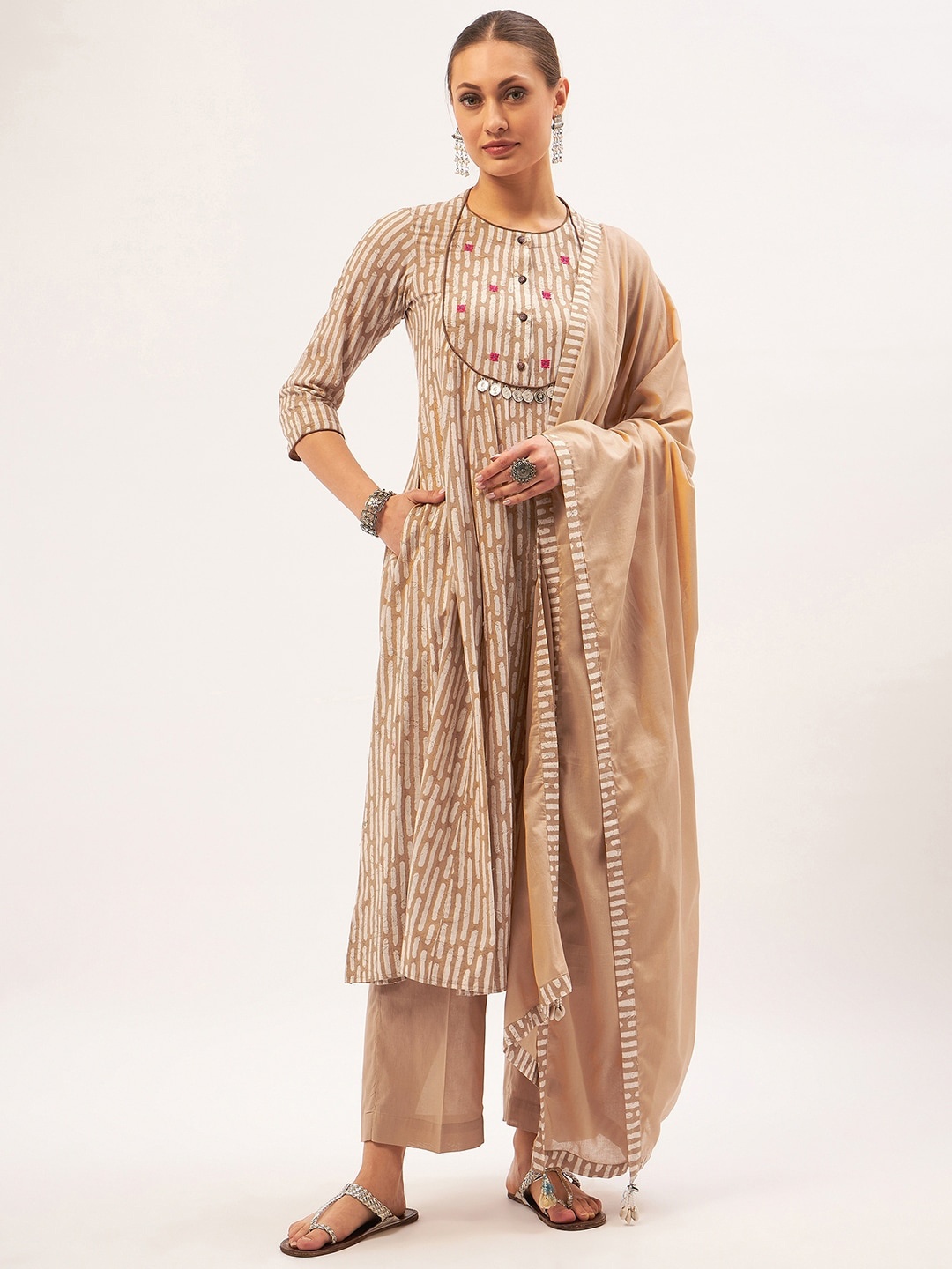 

STADO Round Neck Striped Yoke Design A Line Kurta with Trousers & Dupatta, Beige