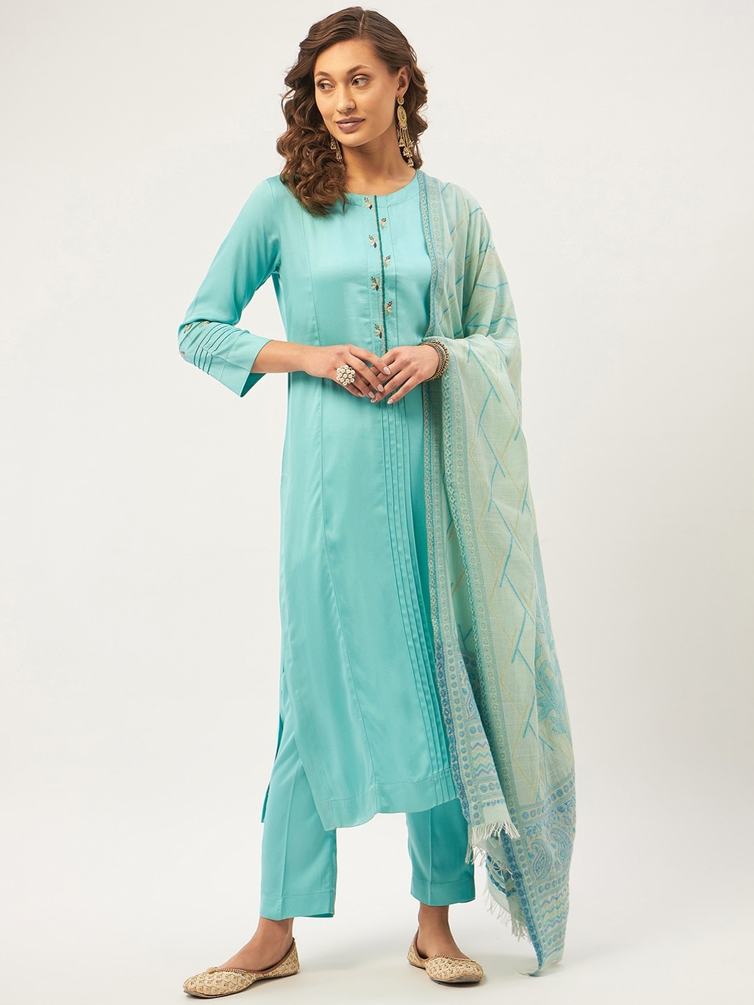 

STADO Round Neck Straight Kurta & Trousers With Dupatta, Blue