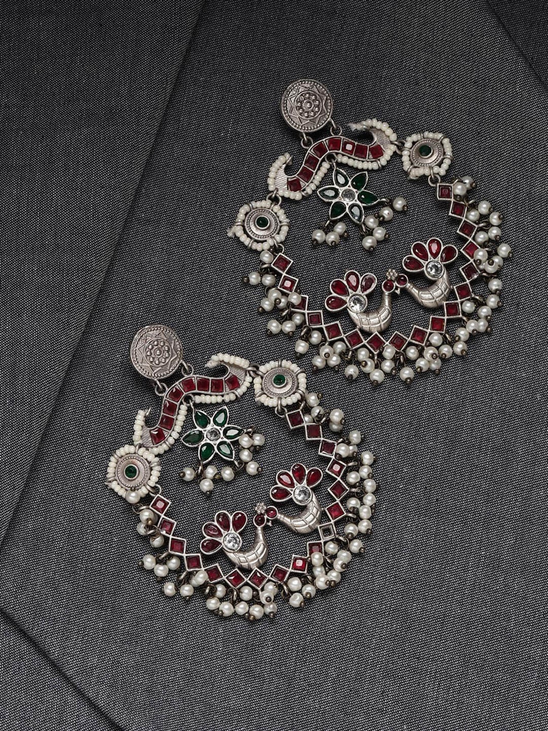 

Fabindia Metal Artificial Stones Studded & Beads Beaded Contemporary Drop Earrings, Silver