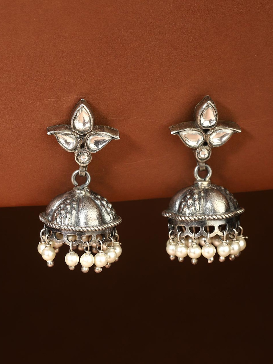 

Fabindia Silver Stones Studded & Beaded Jhumkas