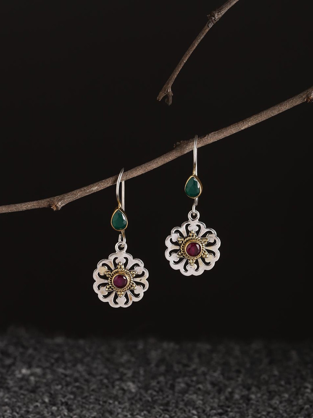 

Fabindia Stone Studded Floral Drop Earrings, Silver