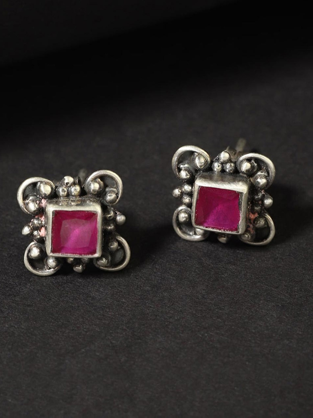 

Fabindia Silver Oxidised Square Studs, Pink