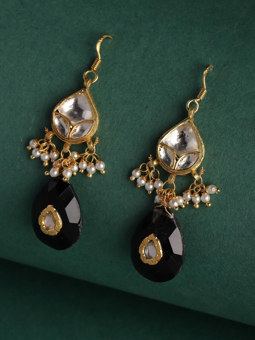 

Fabindia Silver Artificial Stones-Studded & Beaded Teardrop Shaped Drop Earrings, Gold