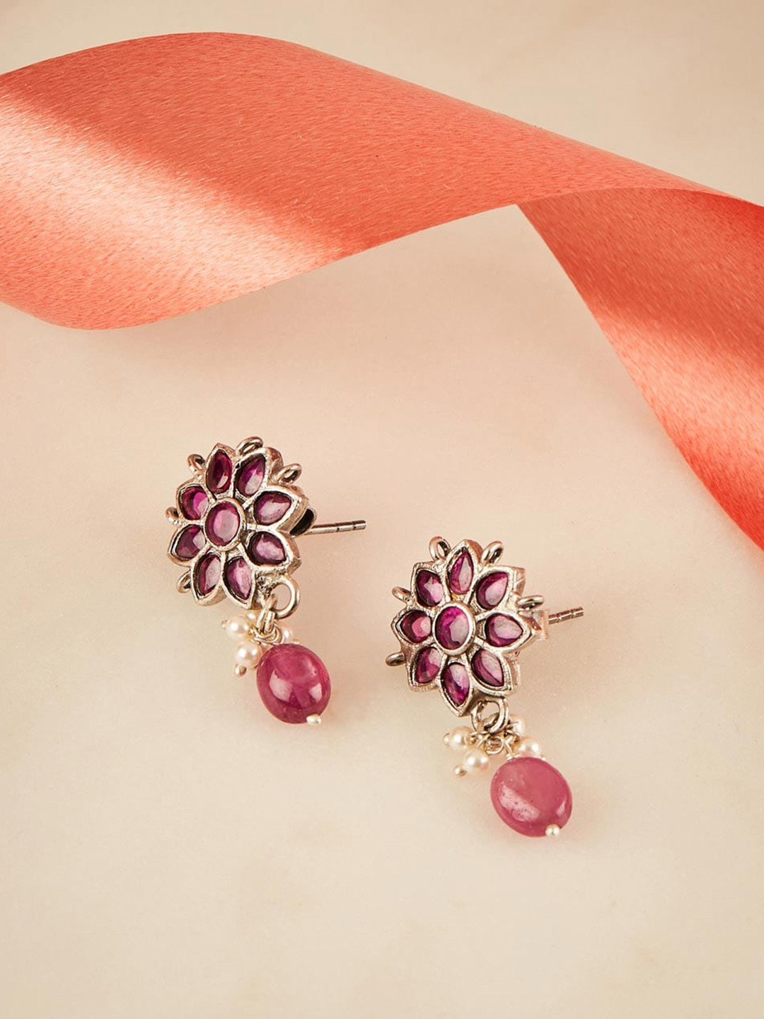 

Fabindia Silver Stones Studded & Beaded Floral Drop Earrings
