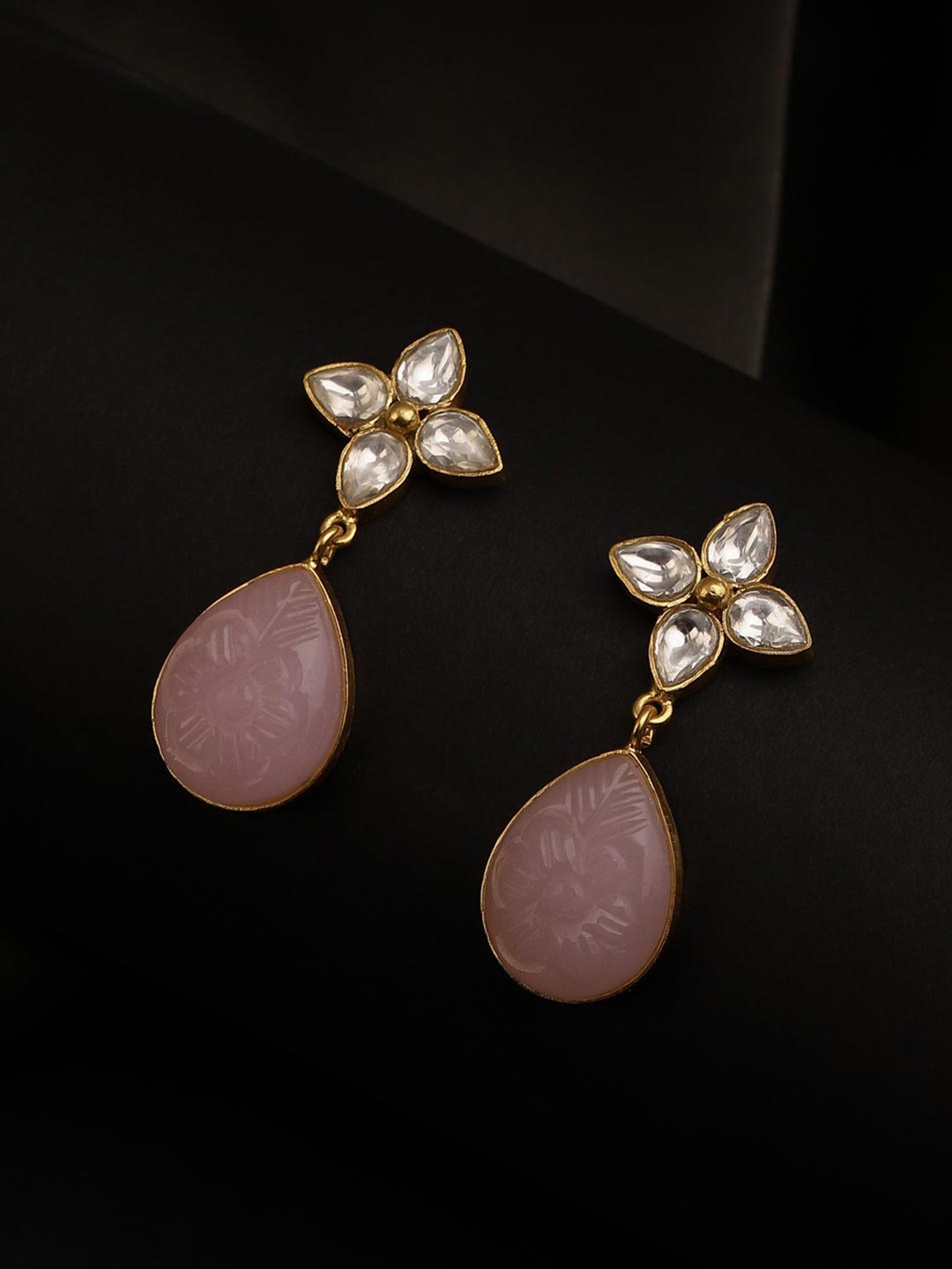 

Fabindia Silver Artificial Stones Studded Teardrop Shaped Drop Earrings, Gold