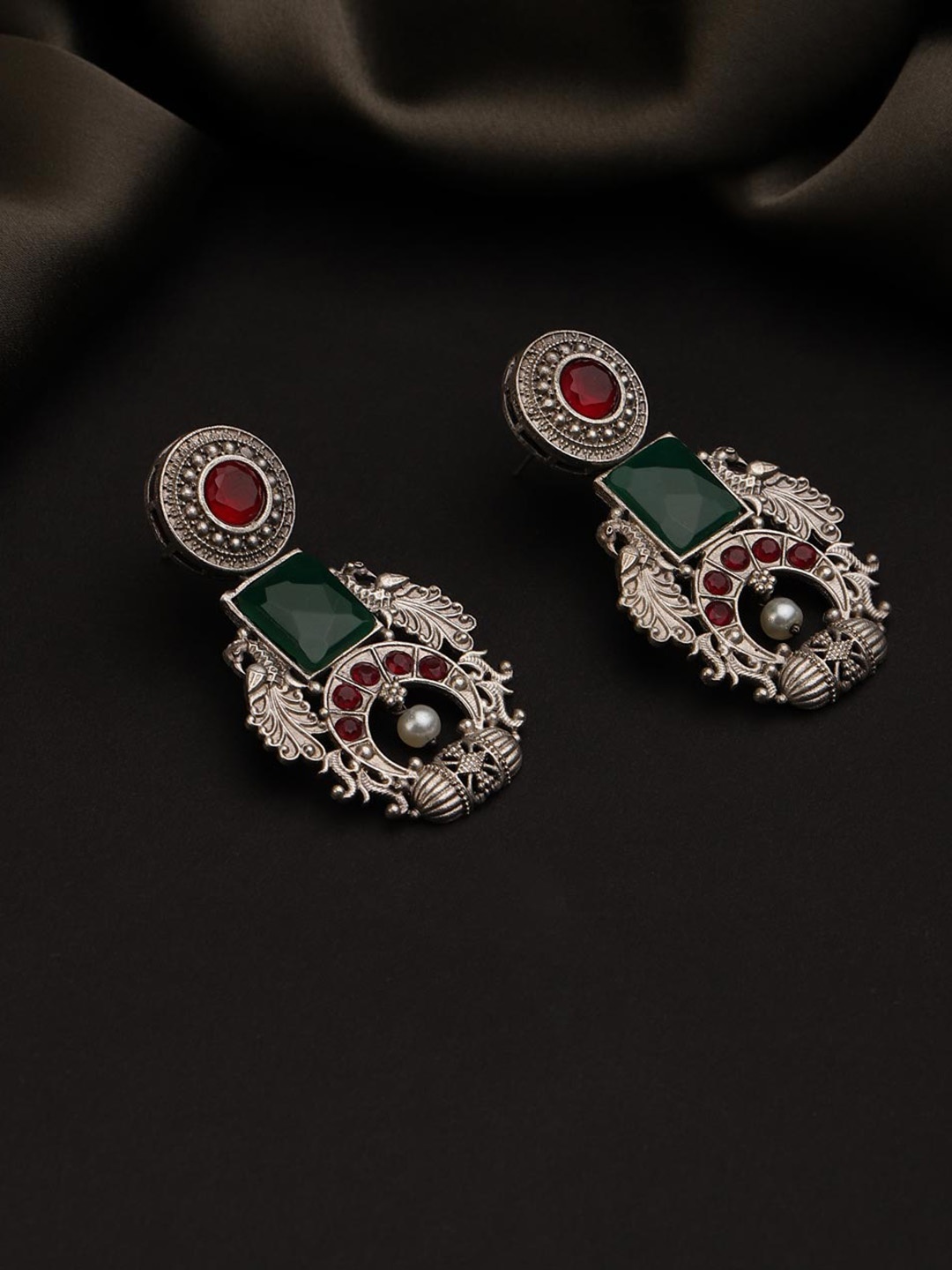 

Fabindia Metal Beads & Stone Studded Classic Drop Earrings, Silver