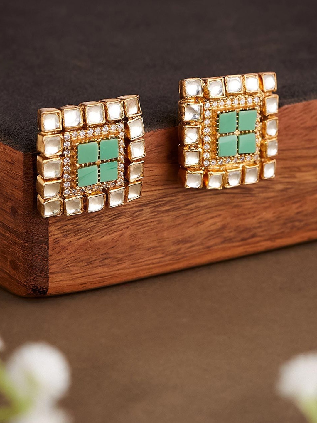 

Fabindia 92.5 Sterling Silver Stone Studded Square Studs Earrings, Gold